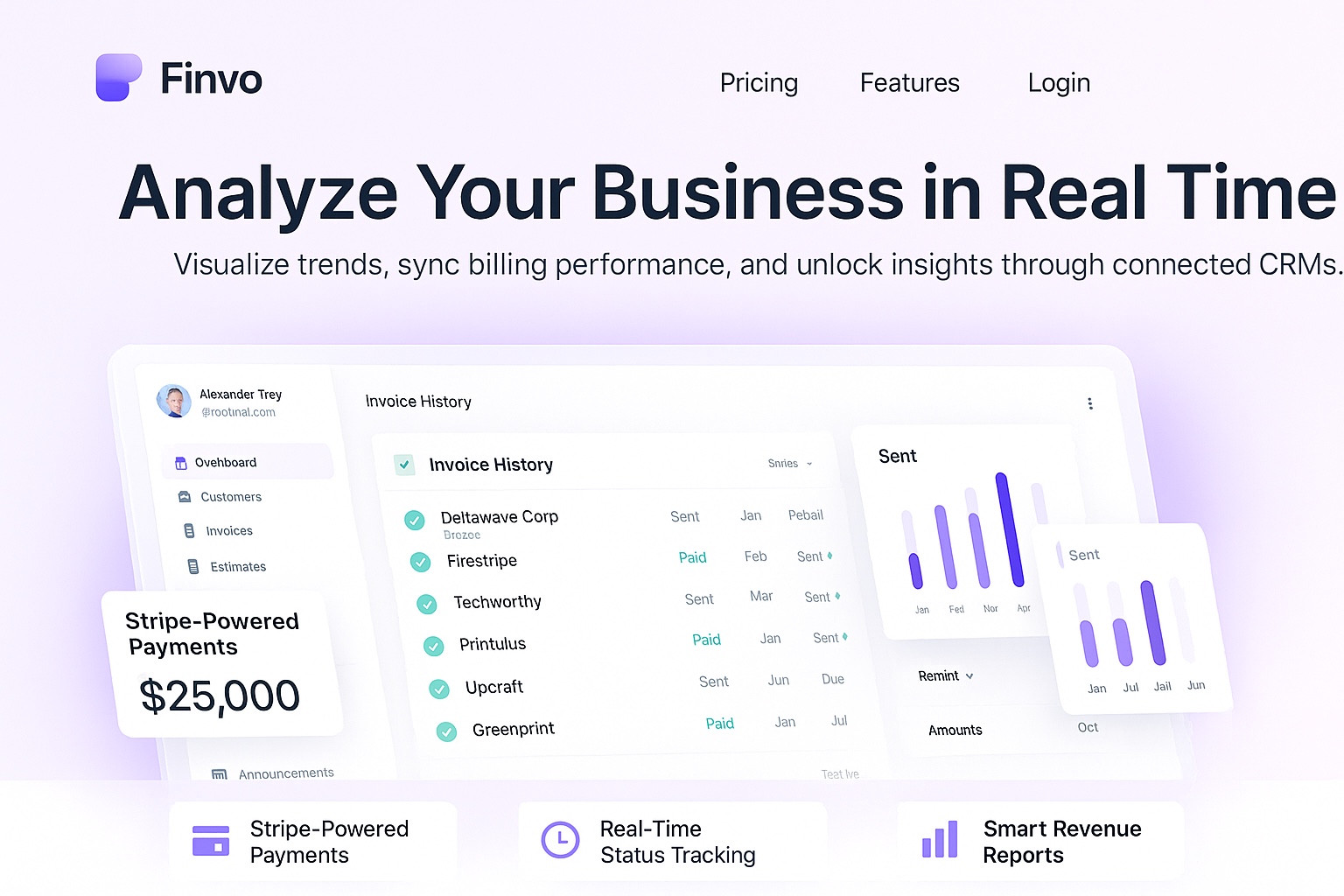 Finvo marketing render, Analyze your business in real time, Direct-routed payments, smart revenue reports.