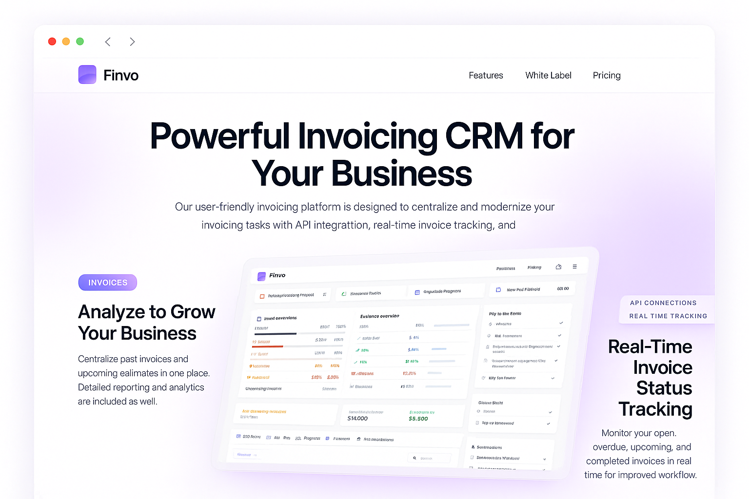 Finvo invoicing CRM marketing render, Analyze to grow your business, with real-time invoice status tracking.